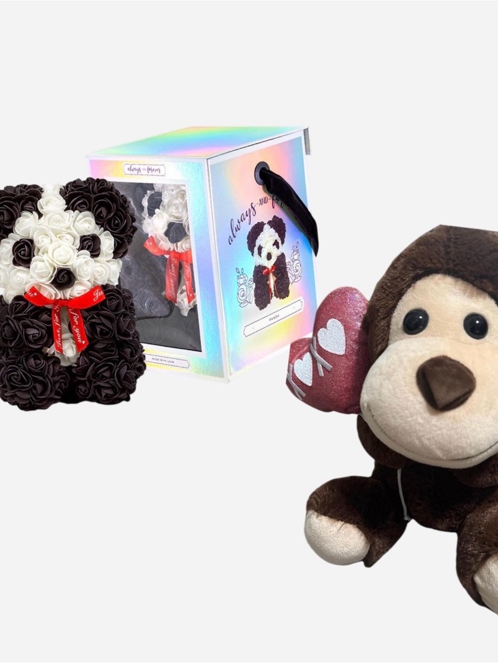 Plush Brown Monkey with Heart & Black-White Rose Bear Anniversary Gift Set